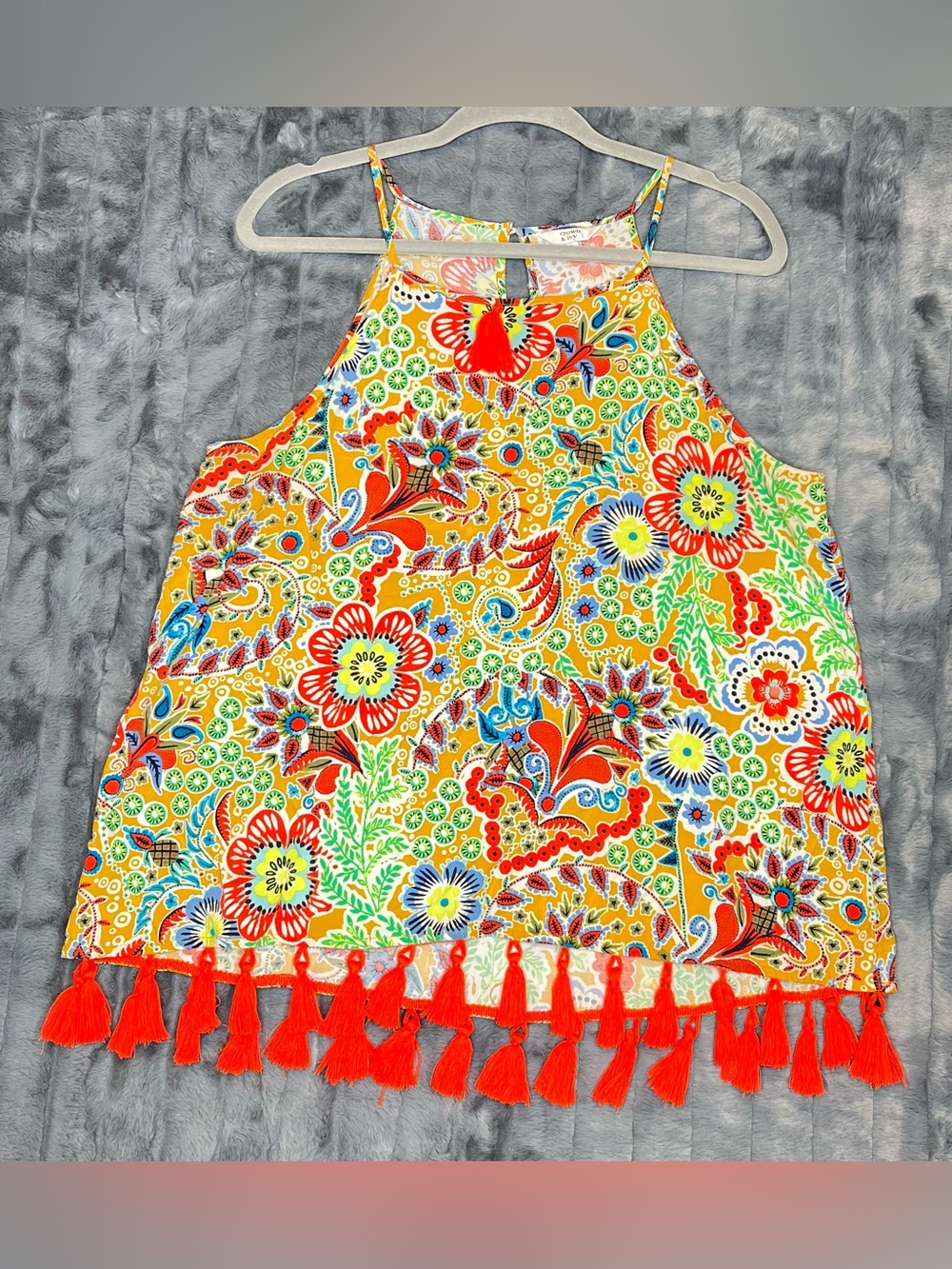 Crown & Ivy Boho Floral Paisley Halter Tank Top Orange Tassel Fringe Large